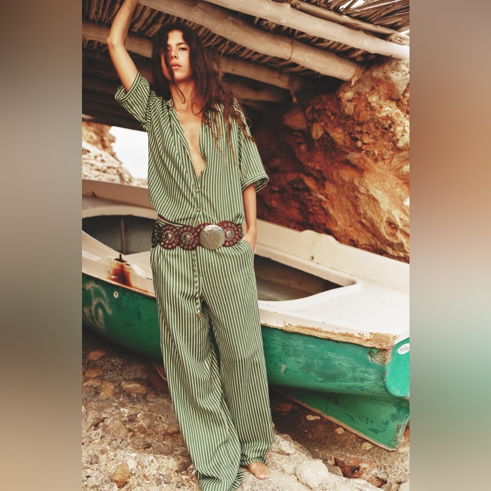 Brand New w Tags! ZARA Green Stripe Linen Trousers Pants Size M